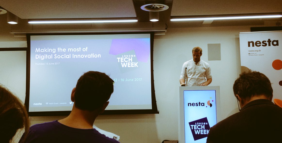 Kicking of <a href="/nesta_uk/">Nesta</a> digital social innovation &amp; #techforgood event is <a href="/PeterBaeck/">Peter Thirup Bæck</a>. Follow the #DSInext for live tweets ⚡️✨