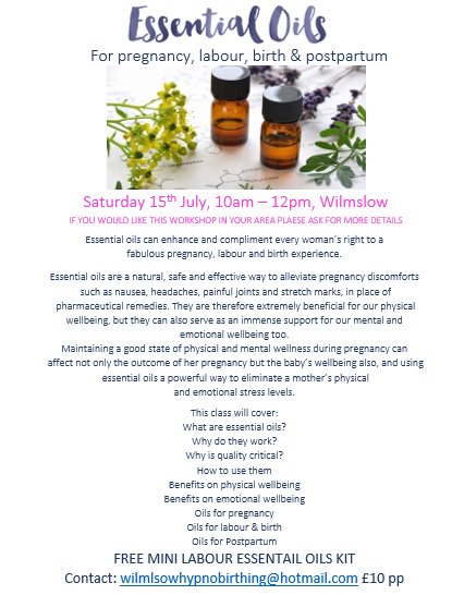 wilmslowHB's tweet photo. @MumsnetTowers @MumStuff @SoWilmslow @socheshire @FamiliesBP I'm running an Essential Oils for pregnancy, labour &amp; birth Workshop next month https://t.co/tyCHcqsR4h
