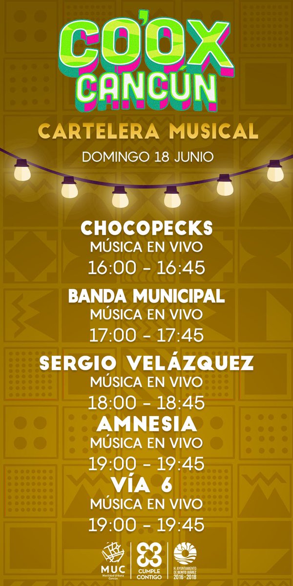 🎤🥁🎷🎸HABEMUS CARTELERA MUSICAL 🎤🥁🎷🎸
Los esperamos el domingo a partir de las 3pm en SM.5: Av. Nader (a espaldas del <a href="/AytoCancun/">Ayto Benito Juárez</a>)