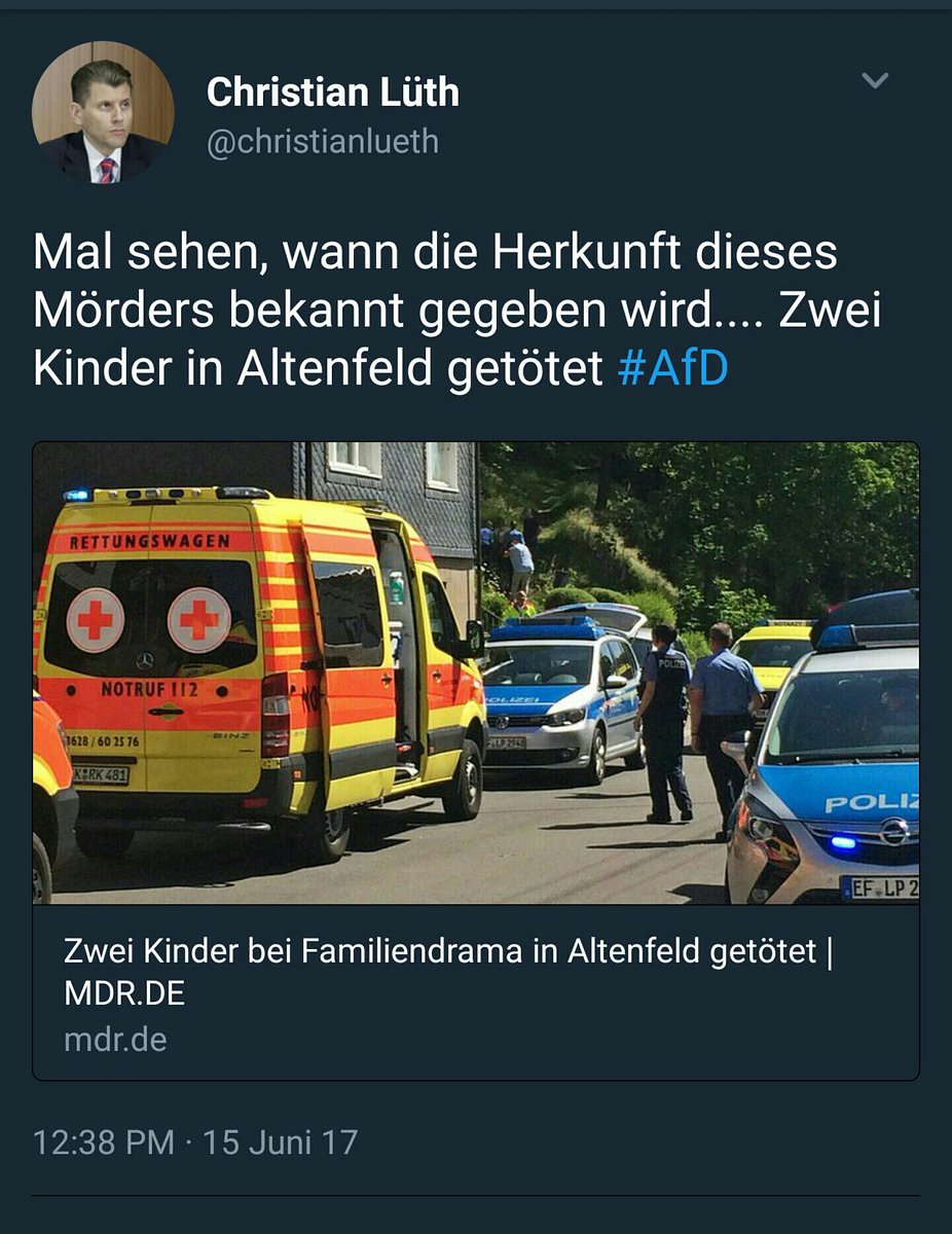 1410_berlin's tweet photo. #Altenfeld #AfD Man könnte Mensch sein oder man könnte das #Christianlueth sein. Was man ihm wünscht, wäre wohl justiziabel. #NoAfD #NoNazis https://t.co/SZZOpHmEGY