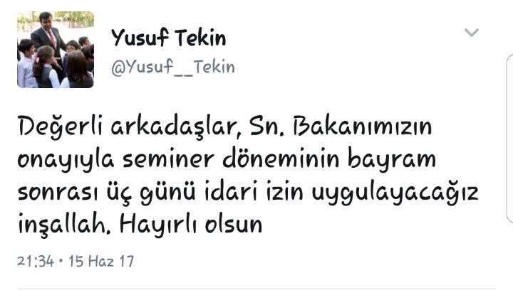 Şube Başkanımız geçtiğimiz Salı günü dile getirmişti. <a href="/Yusuf__Tekin/">Yusuf Tekin</a> 'den açıklama geldi.Bayram sonrası 3 gün öğretmenler idari izinli...