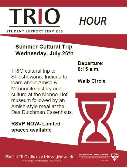 PurdueFWTRIOSSS's tweet image. TRIO Students:

We are going on a summer cultural trip to Shipshewana, Wednesday, July 26th.

RSVP as soon as possible!
Space is limited!