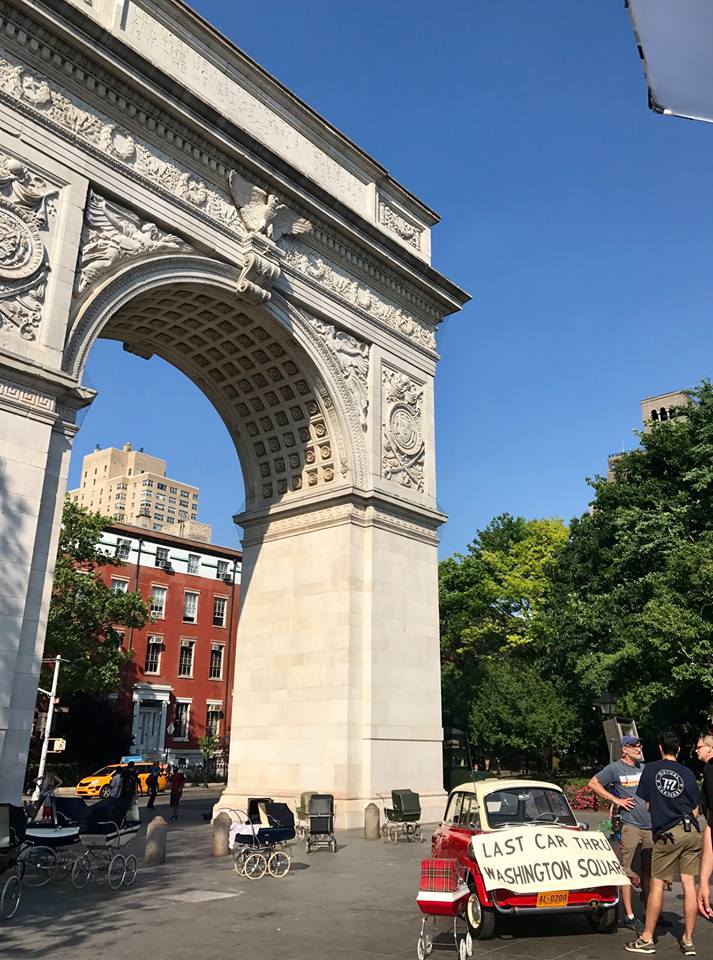 NYUAlumni's tweet photo. #TBT: the last car to drive through Washington Square in 1958...compared to @MaiselTV filming in Washington Square in 2017! 🚗 📸:@NYPAProject https://t.co/C5GWMzAgFU