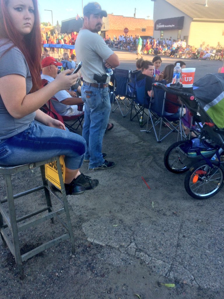 mitchfisk's tweet photo. My first parade in Milaca MN...things must get rowdier than I expected. #knifetoagunfight #guntoaparade #safeorscared? #hespottedme https://t.co/5zkKOx26ai