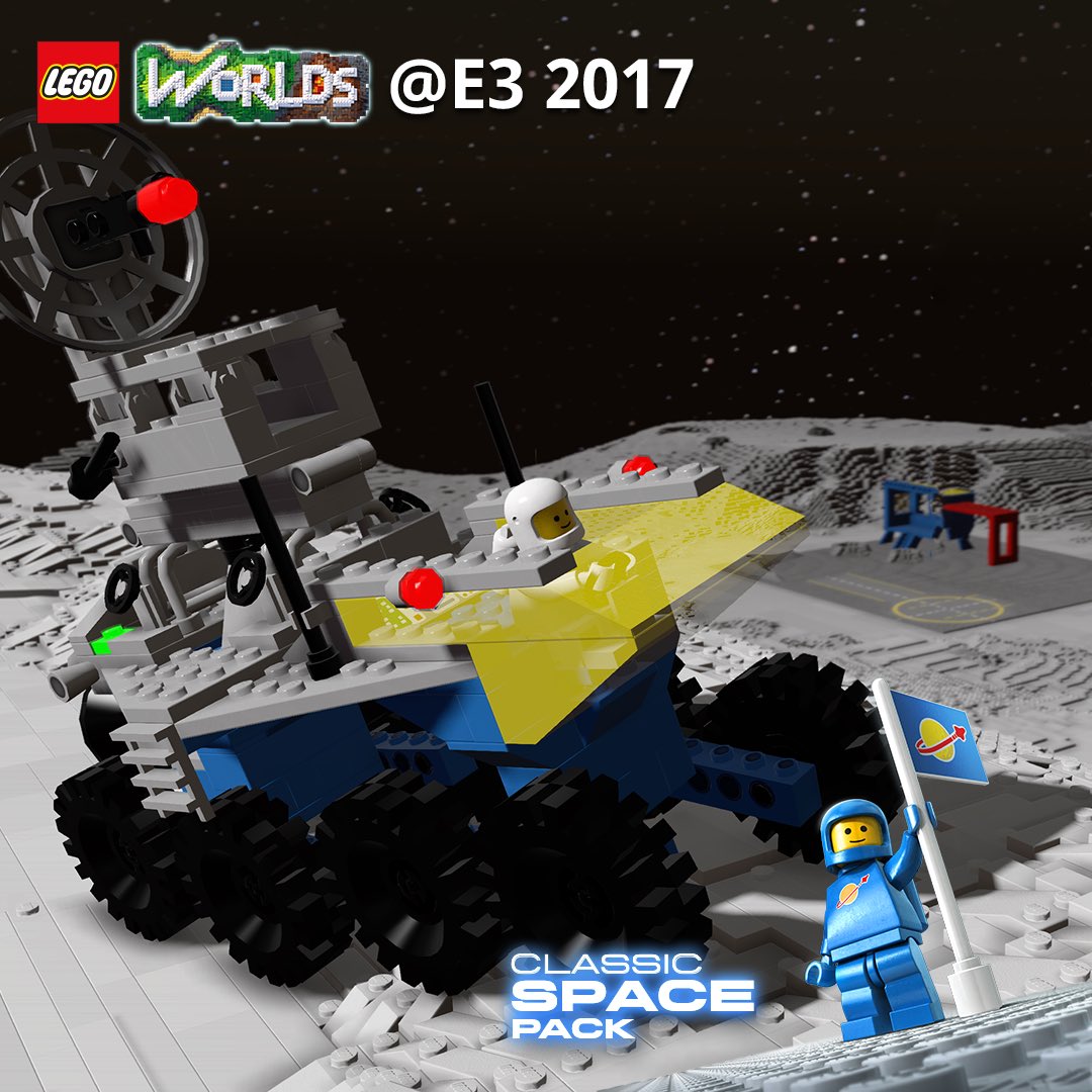 LEGOWorldsGame's tweet photo. #E32017 Recap: Classic Space Pack for #LEGOWorlds comes out July 5th for $3.99 on #PS4, #XboxOne and PC! https://t.co/8RMd7Es0zG