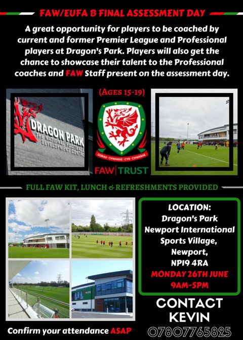 FREE assessment day! 9am--5pm at Dragons Park, Newport, South Wales on Monday 26th June 2017. Limited places!