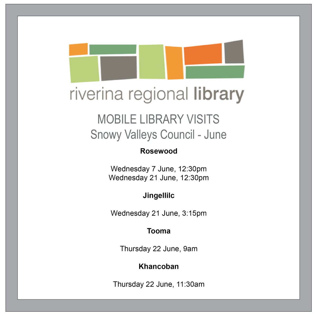 Catch the Riverina Regional Mobile Library service as it makes its rounds throughout the #SnowyValleysCouncil next week!