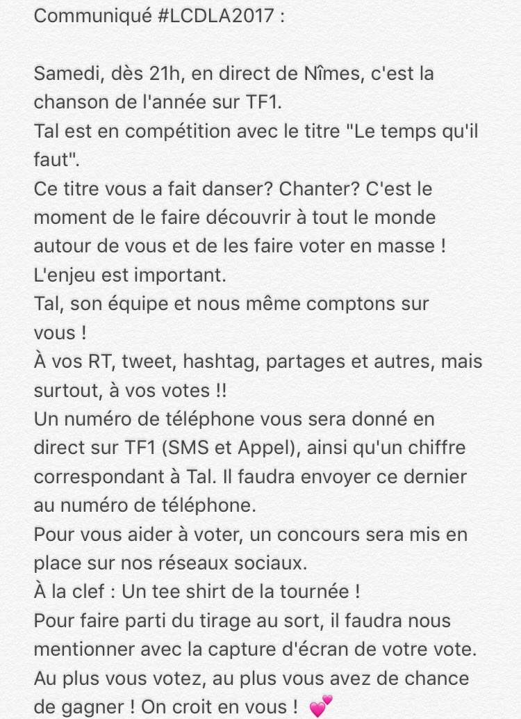 Taloula_fanclub's tweet photo. Comminiqué #LCDLA2017 ! À faire tourner à un maximum de personnes ! ✌🏼 ( @TalOfficial @ralphbeaubrun @WarnerMusicFR @wladimix ) https://t.co/0jNjHnuSMq