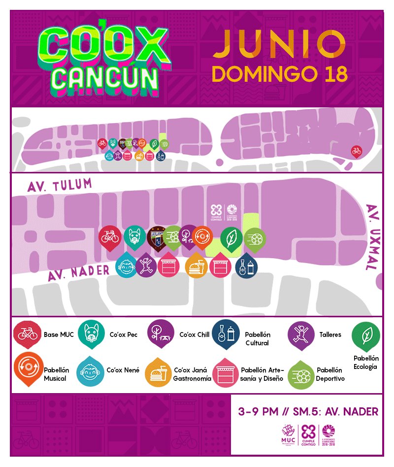 Les compartimos TODAS las actividades de las que podrán disfrutar el domingo en #CooxCancun.🚲❤☀ Los esperamos de 3-9pmen SM.5: Av. Nader.