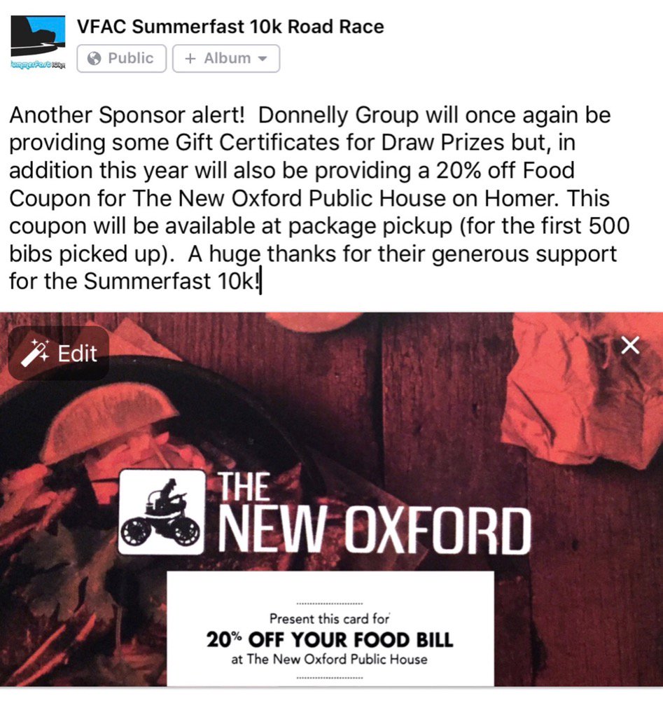 Do you like food?  Huge thanks to <a href="/Donnelly_Group/">Donnelly Group</a> <a href="/NewOxfordVan/">The New Oxford</a> for providing 20% off food certificates for our race!
