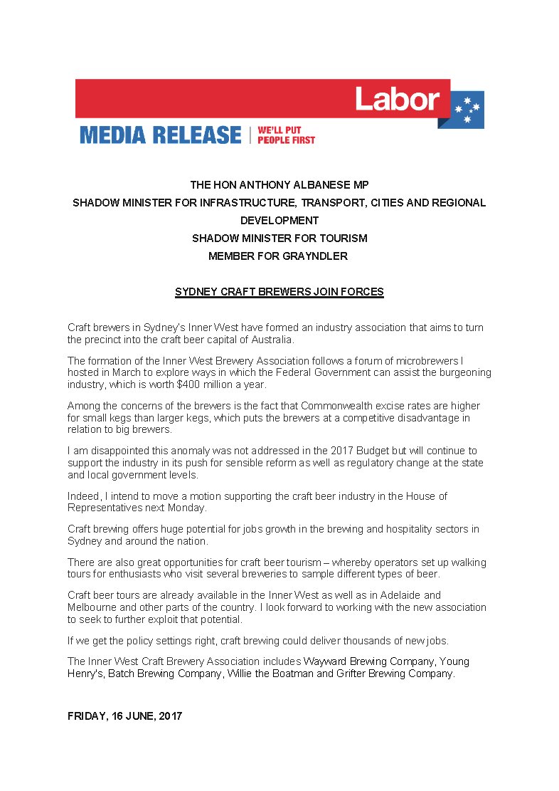 Just announced Labor support for new Inner West Brewers Assoc. w/ <a href="/BatchBrewCo/">Batch Brewing Co</a> <a href="/WaywardBeer/">Wayward Brewing Co</a> <a href="/BoatmanPat/">WillietheBoatman</a> <a href="/younghenrys/">Young Henrys</a> <a href="/thegrifterbrew/">The Grifter Brew Co.</a> #beer
