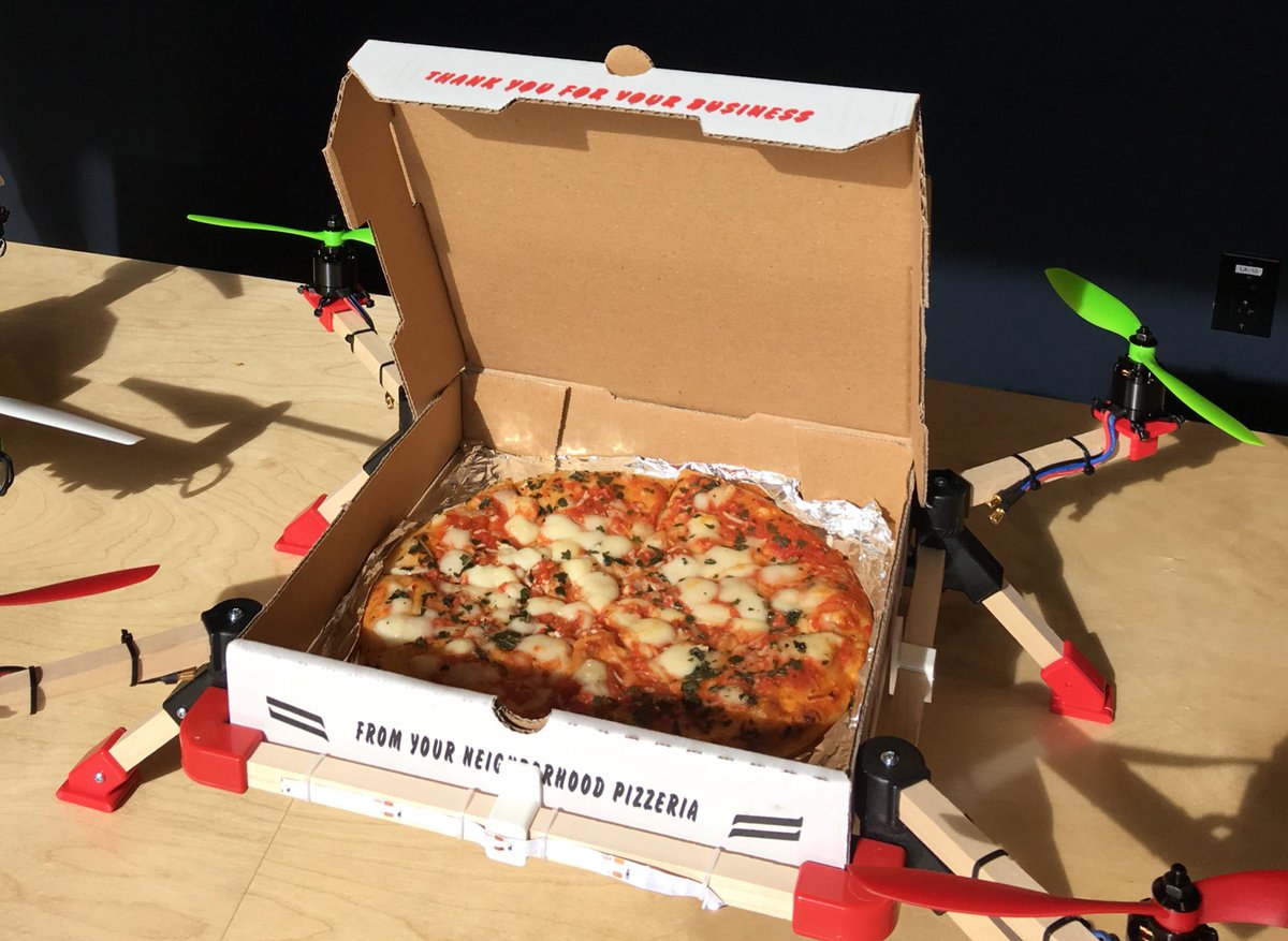OnPoynt's tweet photo. OnPoynt unveils its newest creation: The Pizza Drone! @LaunchPad_UTD with @SACCTEXAS @UT_Dallas #PizzaDrone https://t.co/rGBOnU3Ofx