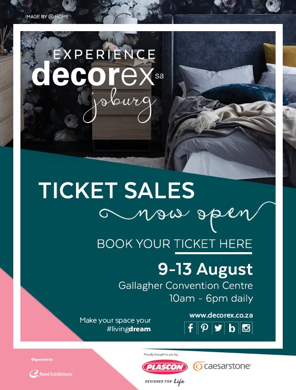 decorexSA's tweet image. Tickets for Decorex Joburg are on sale. Join us at the Gallagher Convention Centre 9-13 Aug. Buy your tickets now: goo.gl/cJ8Rd7