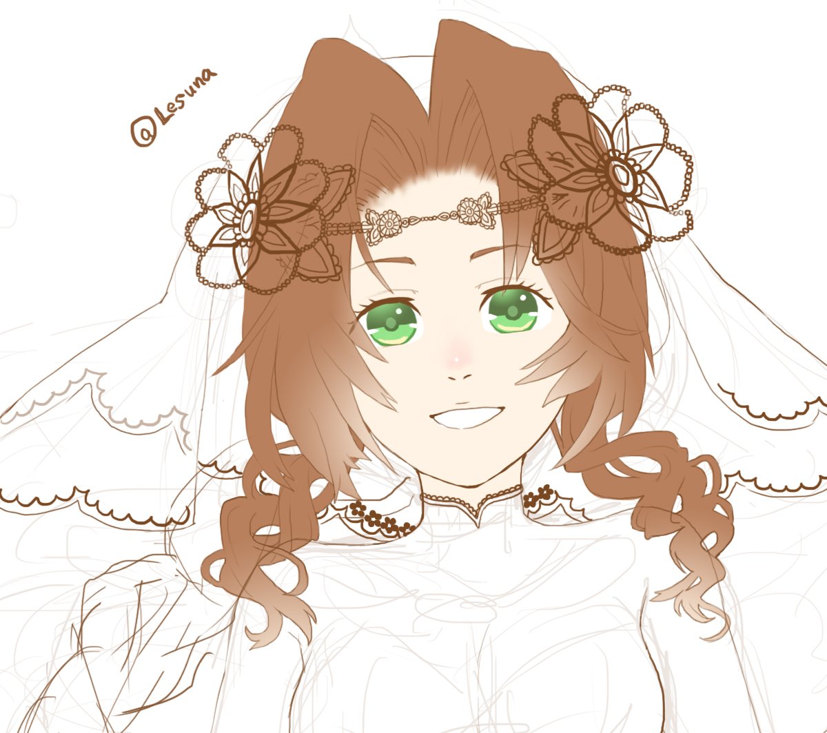 aerith gainsborough 1girl veil green eyes solo brown hair smile dress  illustration images