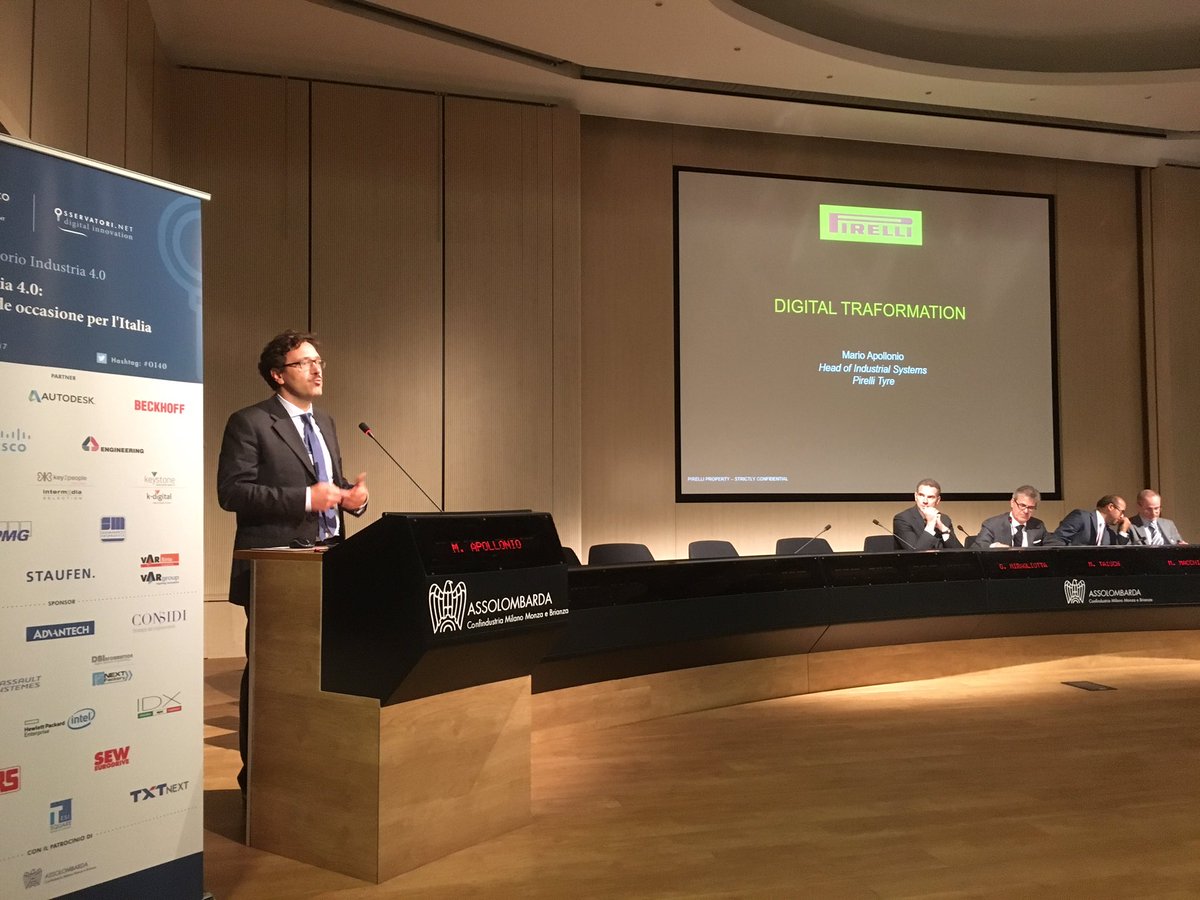stgaravaglia's tweet photo. Marco Apollonio, Head of Industrial Systems di Pirelli, porta al Convegno dell'Oss. #Industria40 l'esperienza della sua azienda #OI40 https://t.co/WMELTp0HZ5