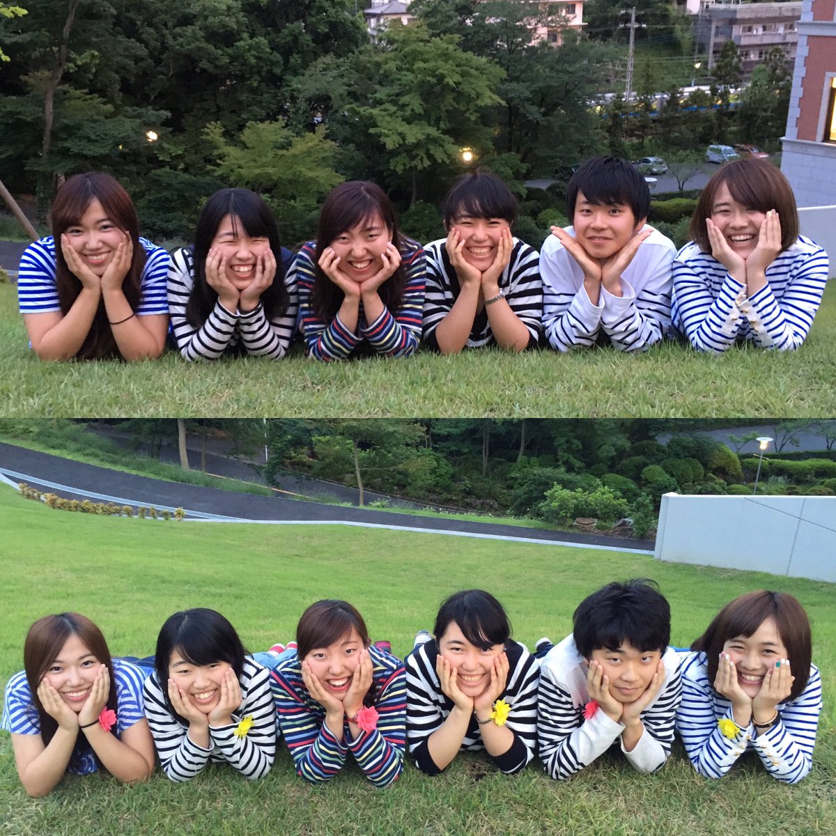 FloWorld_hma9's tweet photo. 昨日、去年の新入生ライブ(スタバン発表)の際に使用したバンド写真を再現してみました🤗
少しは大人っぽくなってる、、かな？🙂
※上が今年、下が去年の写真です
#ハモリアソビ #FloWorld https://t.co/kkbNyrTDqT