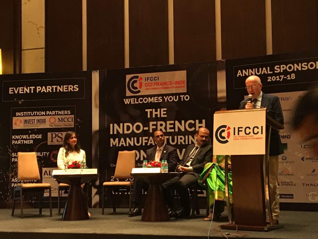 IFCCI1's tweet photo. Mr.Philippe Janvier-Kamiyama - #ConsulGeneral of @FranceinPondi gives the consular address at the #IndoFrench #ManufacturingConclave. https://t.co/Mjvegzd8aw