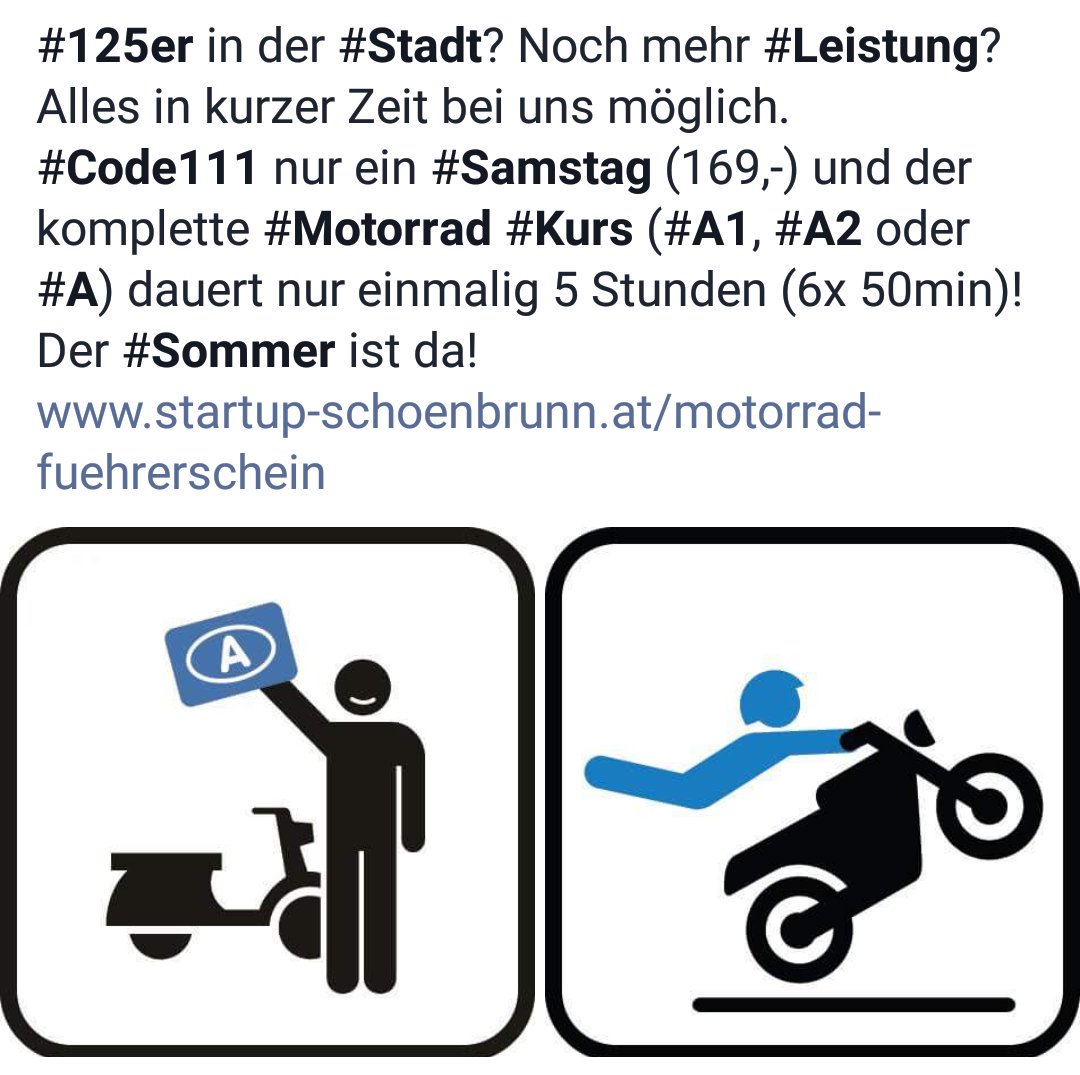 BroJoe45's tweet photo. #125er in der #Stadt - oder noch mehr #Leistung
#Code111 nur ein #Samstag €169 & der komplette #Motorrad #Kurs in 5 Stunden! 2x in #Wien https://t.co/yRlVUslVP8