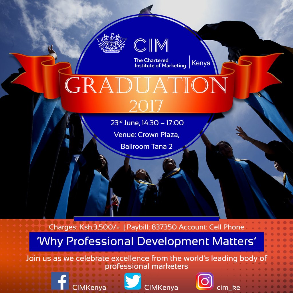 CIMKenya's tweet photo. #CIMGraduation 2017
Today, 2:30
Venue: Crown Plaza, Ballroom Tana 2
#Grad17KE #CIMKenya #Marketing #MarketingCourses #CIMQualifications #KOT https://t.co/3mOU0o3AMY