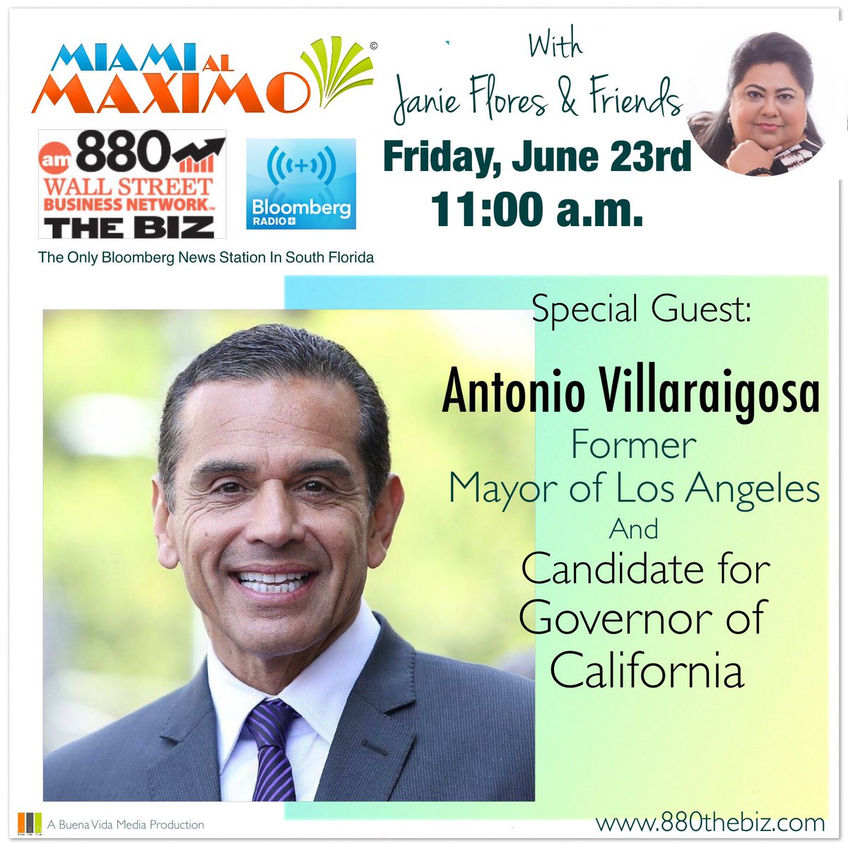 juanis111's tweet photo. Can't miss #Interview w/Antonio Villaraigosa @antonio4ca on #MiamiAlMaximo TODAY, 11am @880thebiz the Only #BloombergNews Station in #SoFlo https://t.co/FhE2EekF4R