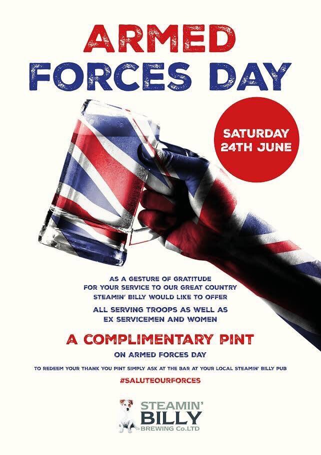 Tomorrow is <a href="/ArmedForcesDay/">Armed Forces Day 🇬🇧</a> &amp; to show our gratitude for their service we're offering a free pint to servicemen &amp; women #SaluteOurForces