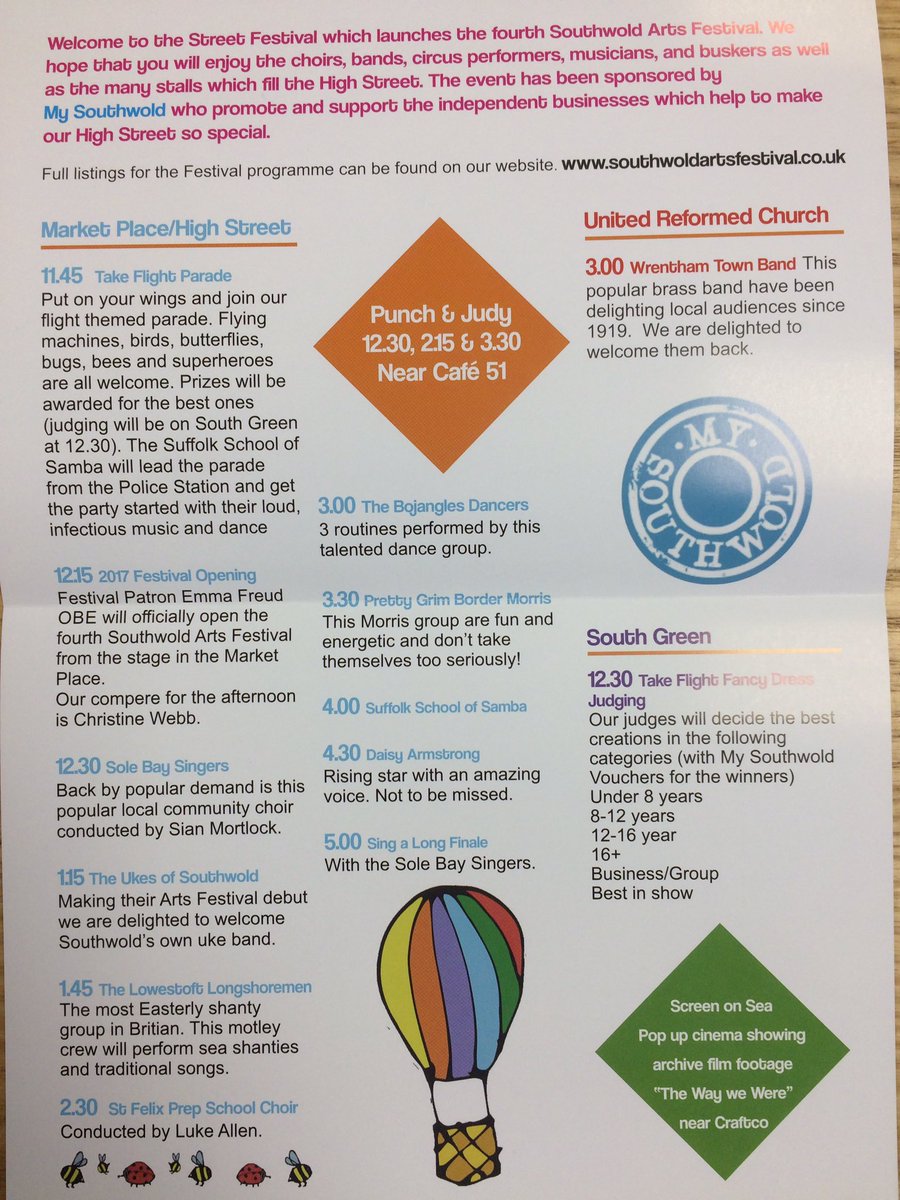 Pop into us and pick up a programme for tomorrow's <a href="/SouthwoldArts/">Southwold Festival</a> Street Festival #Southwold