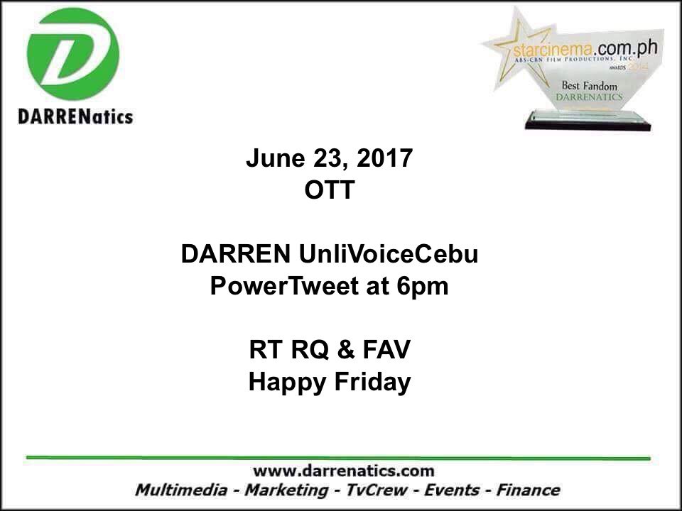 JustLoveDARREN's tweet photo. June 23, 2017
OTT

DARREN UnliVoiceCebu
PowerTweet at 6pm

RT RQ &amp; FAV
Happy Friday https://t.co/G6LFtPuixJ
