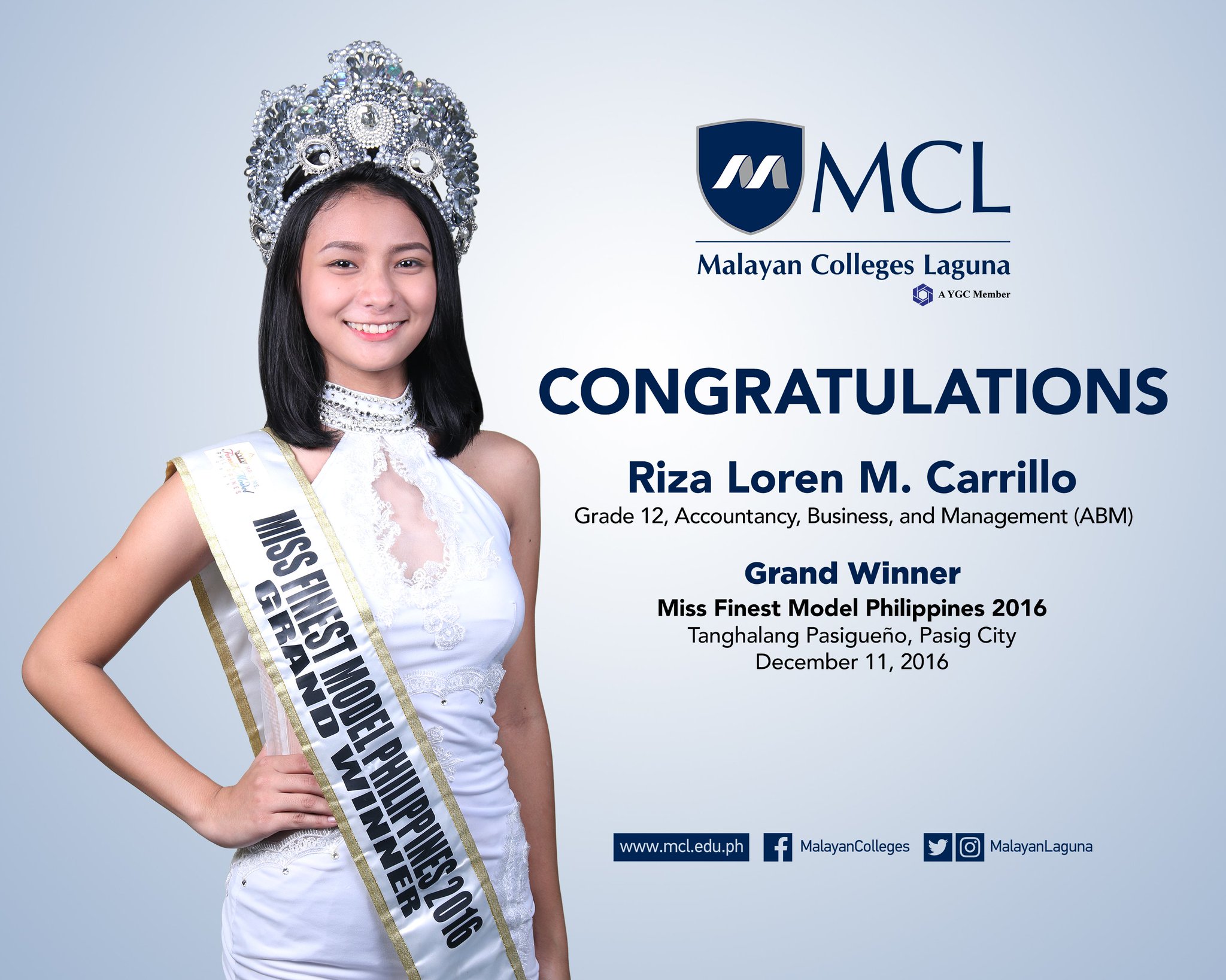 Mapúa Malayan Colleges Laguna on X: Congratulations to MCL-SHS student Riza  Loren M. Carillo for placing as the Miss Finest Model Philippines 2016  Grand Winner! #ProudMalayan t.coV43QiuZyCN  X