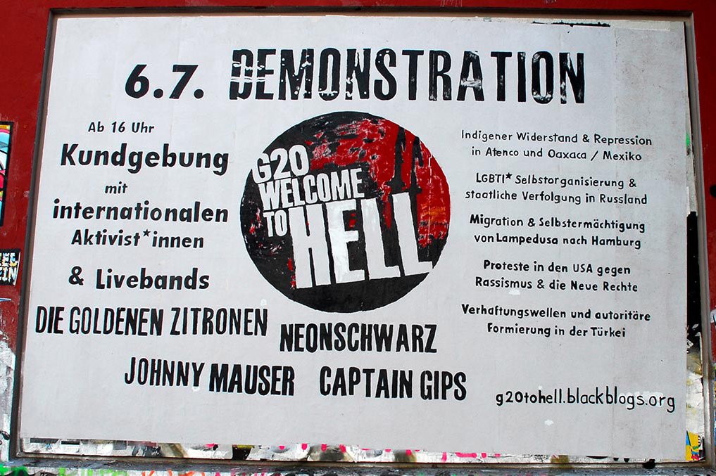 florableibt's tweet photo. #NoG20 #Welcometohell #roteflora Plakatwand: 6.7. Programm, int. Gäste &amp; Live-Bands #GoldeneZitronen #Neonschwarz #JohnnyMauser #CaptainGips https://t.co/hKOHaDF4EU