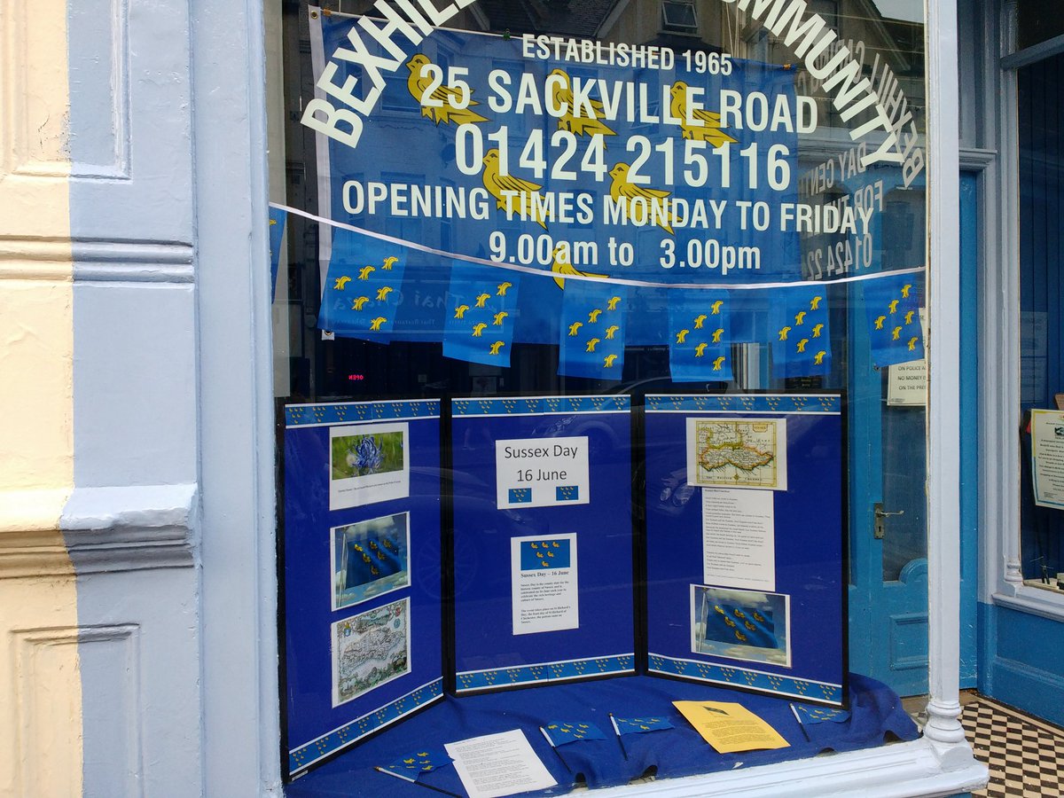 We have flags, bunting and lots of Sussex information in our window today. #Sussexday #Sussexflag #Bexhill