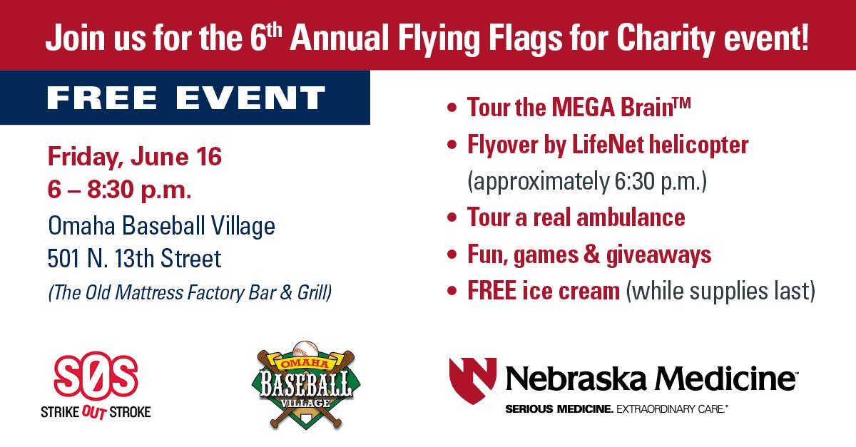 NebraskaMed's tweet image. Support our #stroke team and patients at @TheMattOBV tomorrow night! We'll have a MEGA BRAIN, flyover by #LifeNet, games and giveaways. #CWS