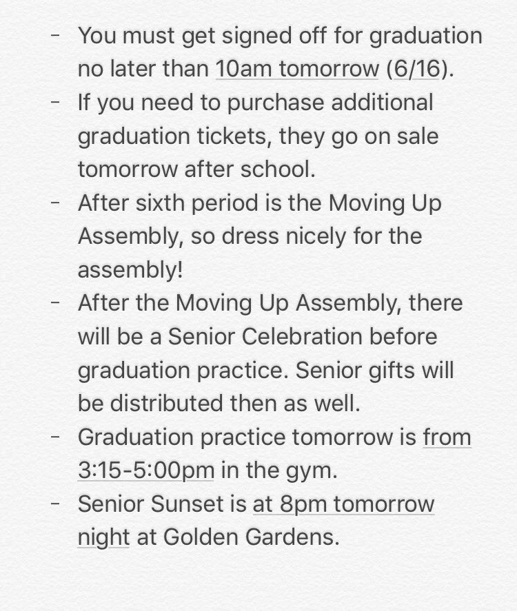 mths_17's tweet photo. SENIORS!!! Here is some important info/reminders regarding your last day of high school!!! https://t.co/eVnMtbywlB