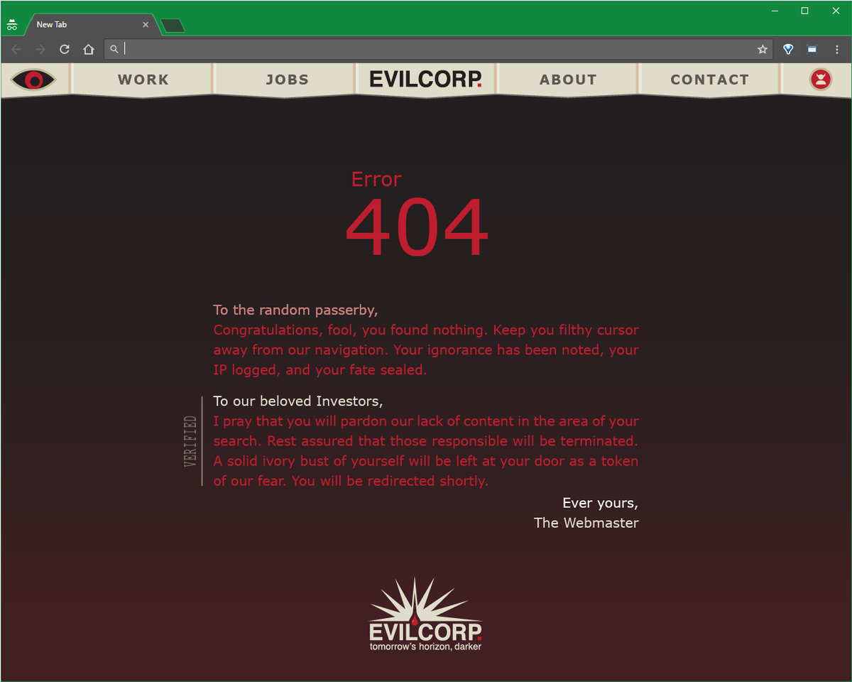 ASKrahn's tweet photo. #404 #008 #DailyUI #day008 #evilcorp @Daily_UI Evilcorp the the practical choice for the discerning villain. (no relation to Mr. Robot) https://t.co/n4PxO2SJDJ