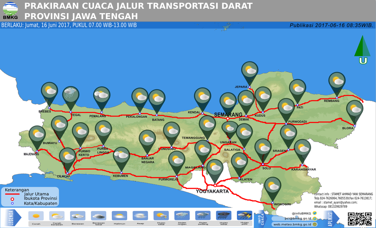 bpbdjateng's tweet photo. Prakiraan cuaca BMKG jalur transportasi darat Prov.Jtg. Berlaku 16 jun pkl 07.00 - 17 Jun 2017 pkl 01.00 WIB. @ganjarpranowo @sarwapramana https://t.co/8IwFxhxzDC