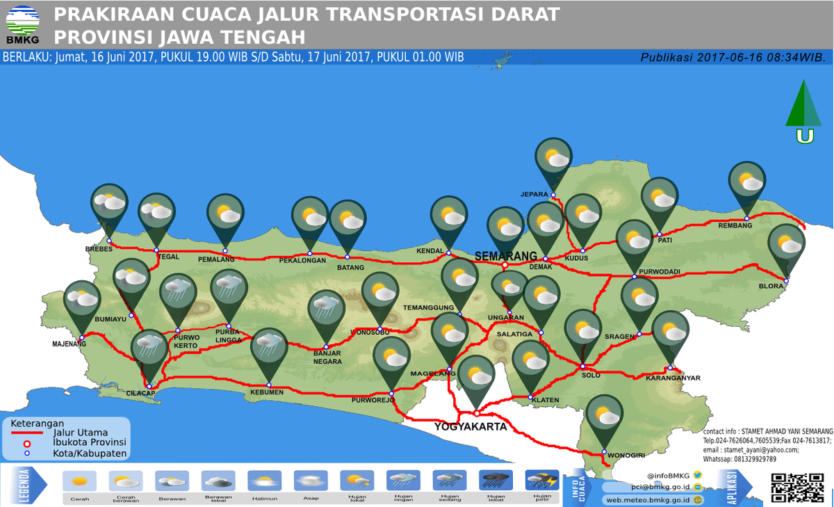 Prakiraan cuaca BMKG jalur transportasi darat Prov.Jtg. Berlaku 16 jun pkl 07.00 - 17 Jun 2017 pkl 01.00 WIB. <a href="/ganjarpranowo/">Ganjar Pranowo</a> <a href="/sarwapramana/">Sarwa Pramana.</a>