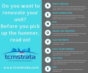 TCMRentalsSales's tweet photo. Are you thinking of renovating your unit? This infographic shows our 8 top tips for a successful unit renovation. #tcmstrata https://t.co/3twxuC8B7q