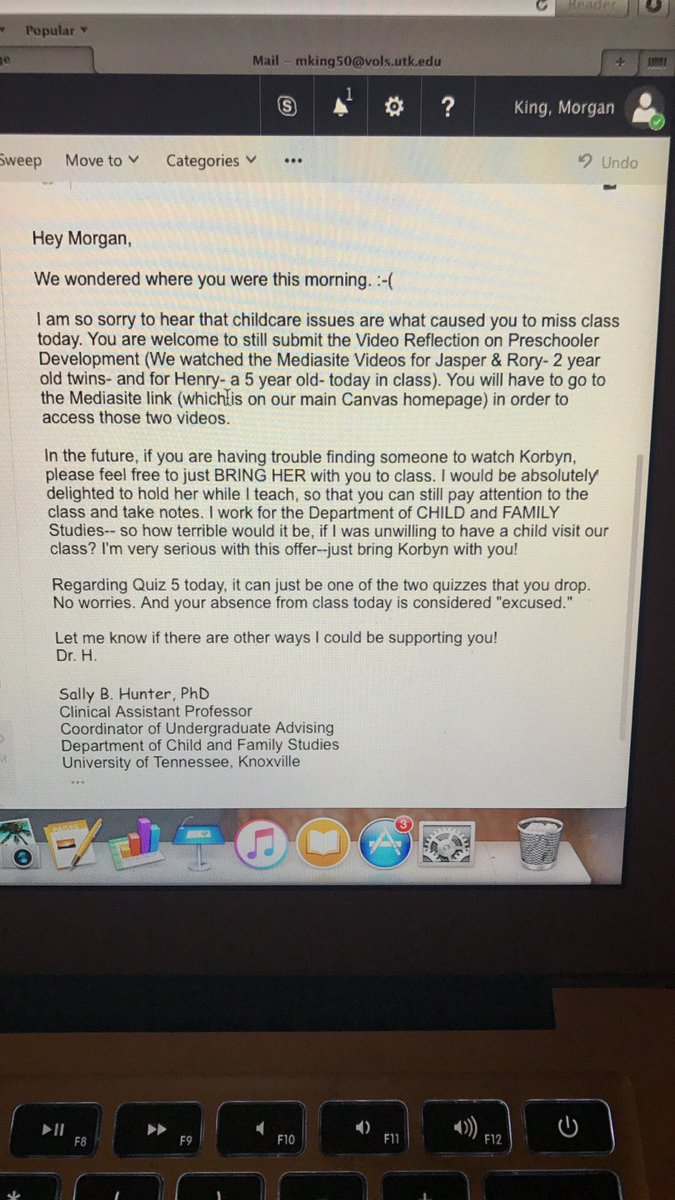 morgantking's tweet photo. Told my professor I missed class yesterday bc I couldn't find childcare &amp; this was her response. I'm literally crying. So blessed/thankful😩😭 https://t.co/3QaThJRXdo