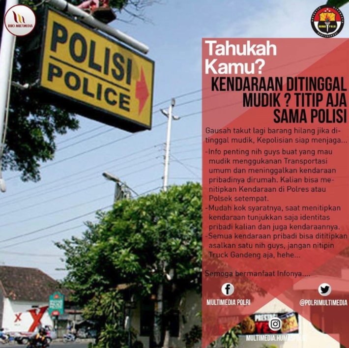 RT @DivHumasPolri: Mitra Humas Mau Mudik? Bingung mau titip kendaraan dimana? Ke kantor Polisi sajaa...