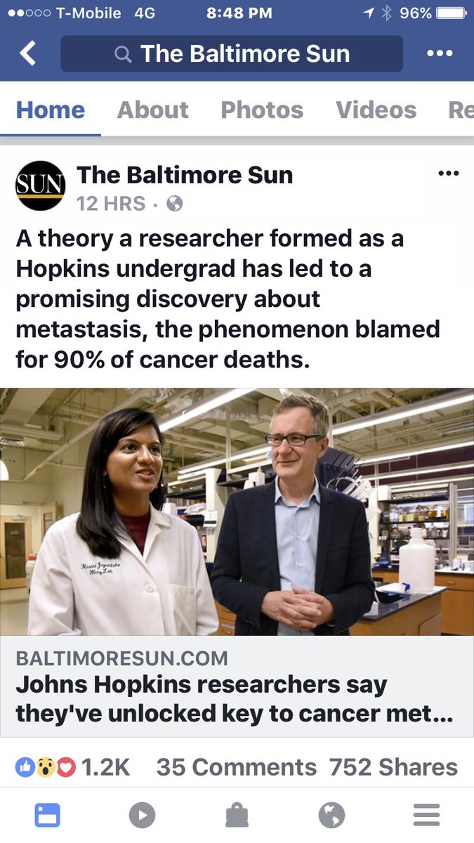 deniswirtz's tweet photo. Meanwhile on Facebook, the @baltimoresun story on our work on metastatic cancer has gone viral @JohnsHopkins #hasinieffect https://t.co/76Wp66AgvO