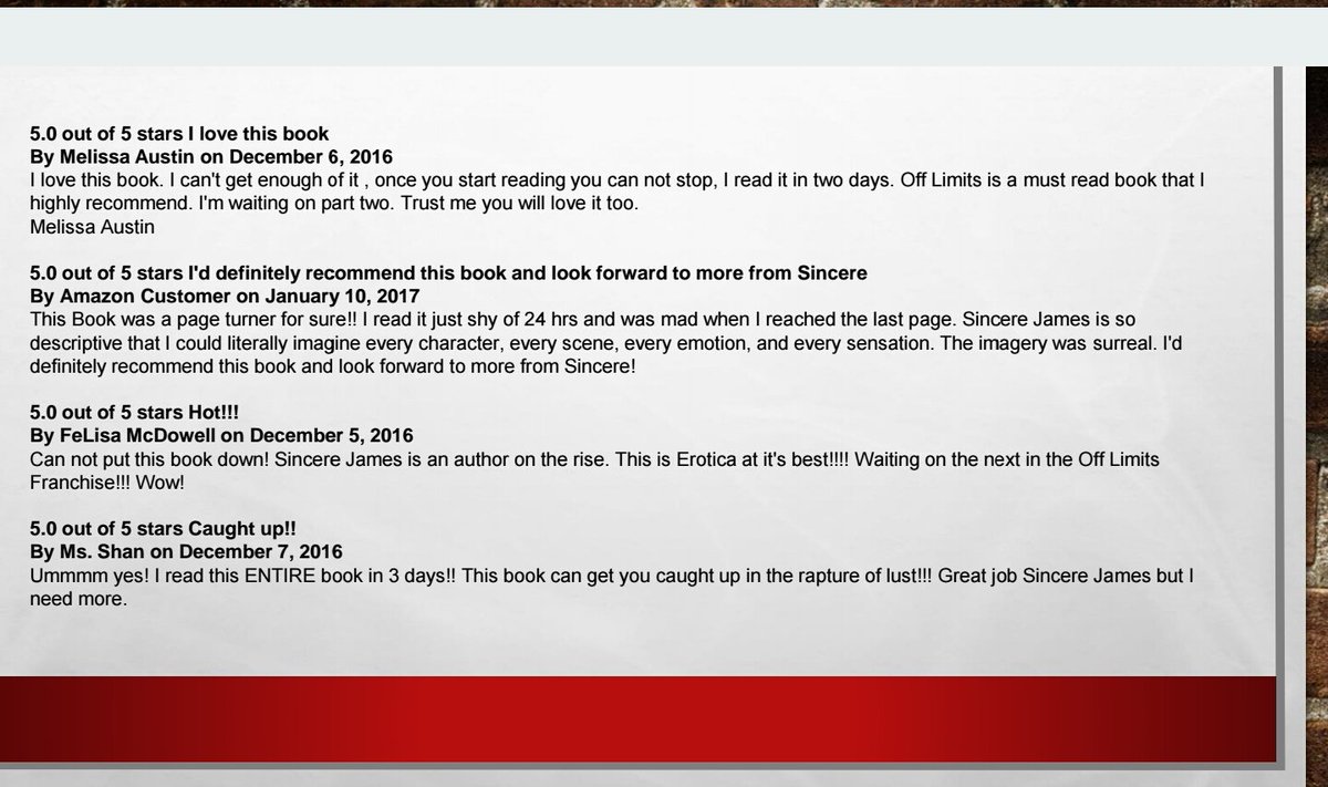 AuthorSincereJ's tweet photo. We ❤ those
⛥⛥⛥⛥⛤ reviews
#idoitwithink #5starAmazonreviews
#5stargoodreadsreviews #OffLimits #5stargooglebookreviews #WithoutLimitations https://t.co/AHXDdVbhW3