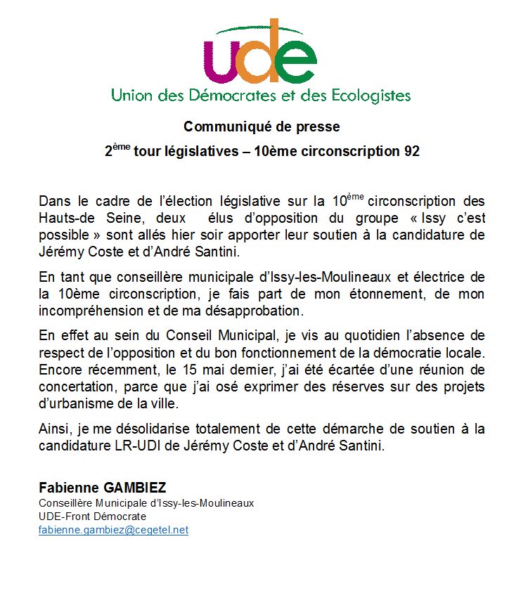 fabiennegambiez's tweet photo. #legislatives2017 #Circo9210 je me désolidarise totalement de la démarche de soutien à Jérémy Coste et André Santini #Issycpossible https://t.co/lYPnnKpM6l