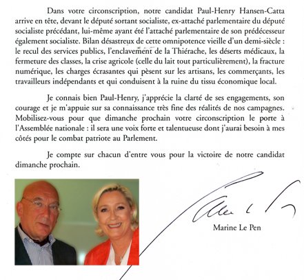 HansenCatta's tweet photo. Soutien officiel de Marine Le Pen. https://t.co/cCMduTYOrz