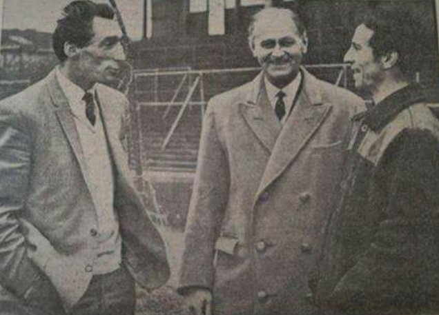 FellowsPark's tweet photo. Manager Bill Moore chats to coach Jimmy Mc Ewan and groundsman Graham Mapp on his return to manage Walsall in February 1969.. #saddlers https://t.co/c6YBzWYvlv