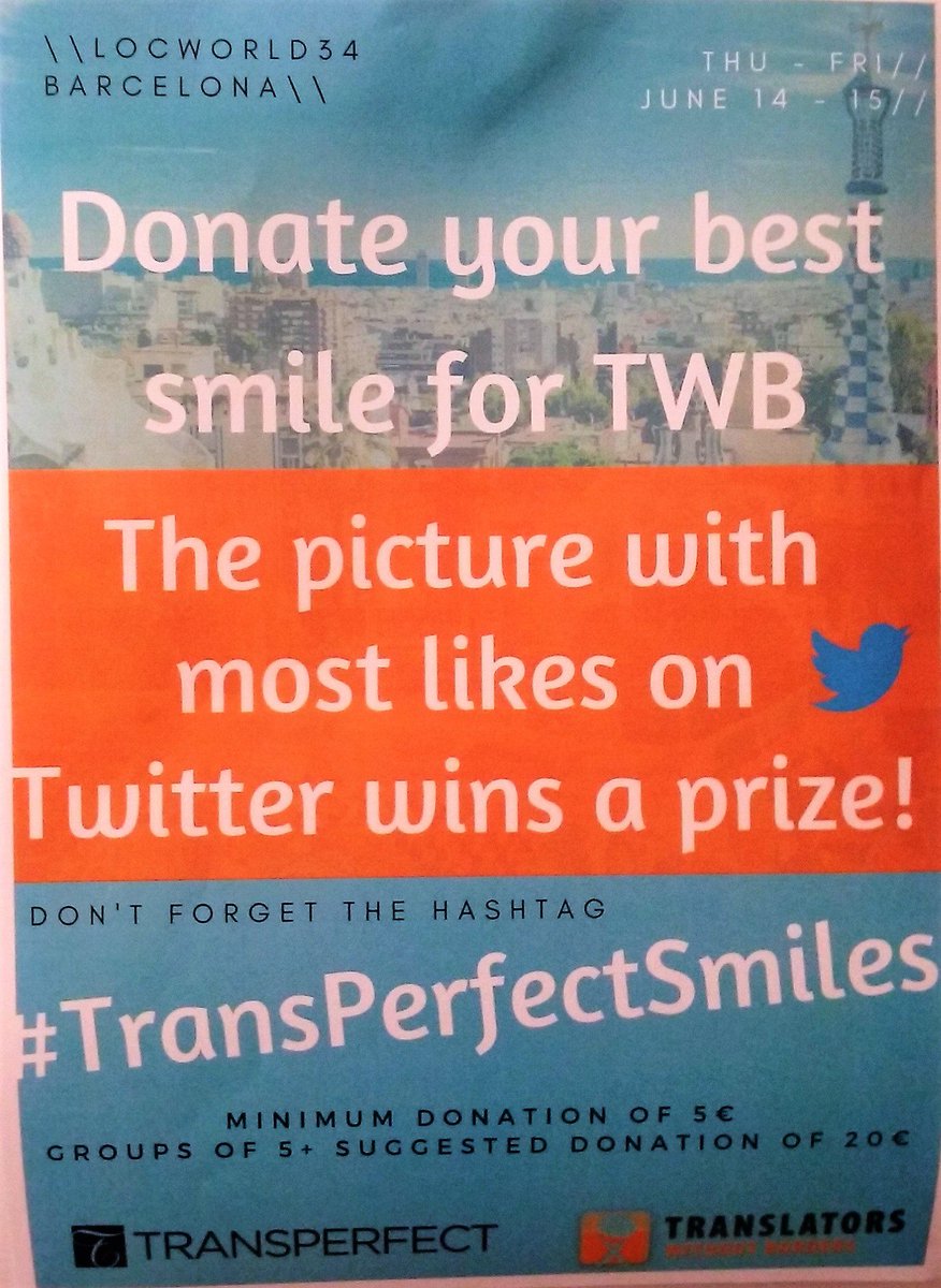 CLEARGlobalOrg's tweet photo. Come to the TWB booth (210), smile & tweet ur photo using #TransPerfectSmiles by 3pm today. Pic with most likes wins a prize! #LocWorld34 https://t.co/QHlQcoKum8