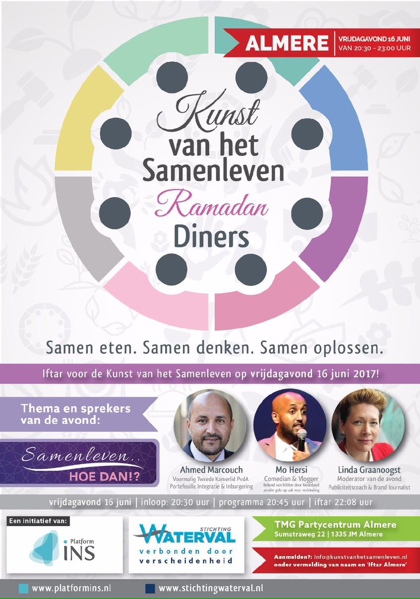 KunstSamenleven's tweet photo. Vanavond is 't zover! #KunstvanhetSamenleven #Ramadan Diner in #Almere met @ahmedmarcouch @Mootjehersi @LindaMiriam
p.s. meld je nu nog aan📌 https://t.co/wbK7Bq6rZE