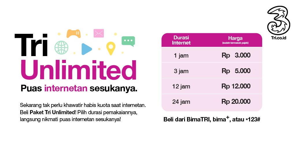 triindonesia's tweet photo. Nikmati kebebasan berinternet sepuasnya dengan paket Tri UNLIMITED! Harga terjangkau mulai dari Rp. 3 ribu!  https://t.co/nkCNr9vnIP https://t.co/1EDt1FbDwM