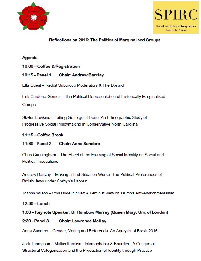 SocPolResearch's tweet photo. The schedule for our 'Politics of Marginalised Groups' conference is now available. Registration is still open: https://t.co/J64Ei2u65X https://t.co/r284O5KGFV