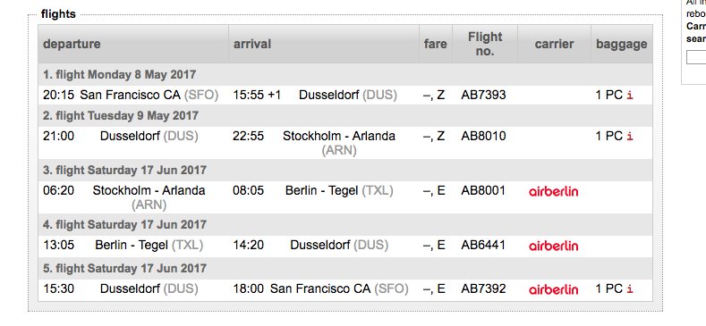 flywithcruza's tweet photo. @airberlin I am confused. I have purchase a ticket from ARN to SFO but it is showing up that I only have 1 piece of luggage for 1 flight. https://t.co/Rpj4HYgJ7P