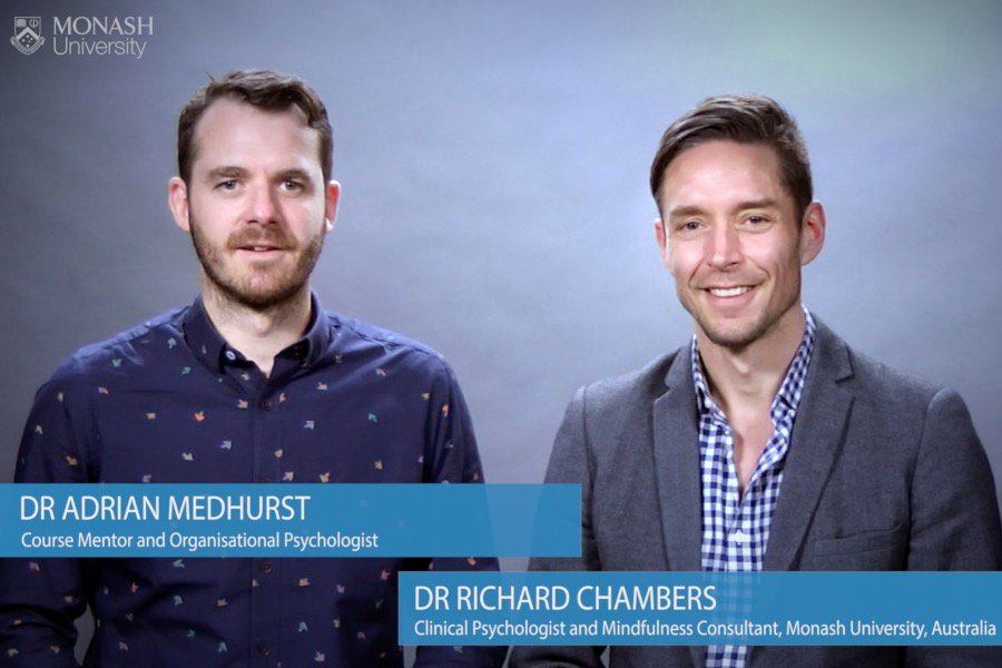 MindfulMonash's tweet photo. Here's wk5 feedback video w @drrchambers @adrianmedhurst in the studio + #CraigHassed who's in the UK https://t.co/JgBomoRHmn #FLmindfulness https://t.co/cLgkkCnamW