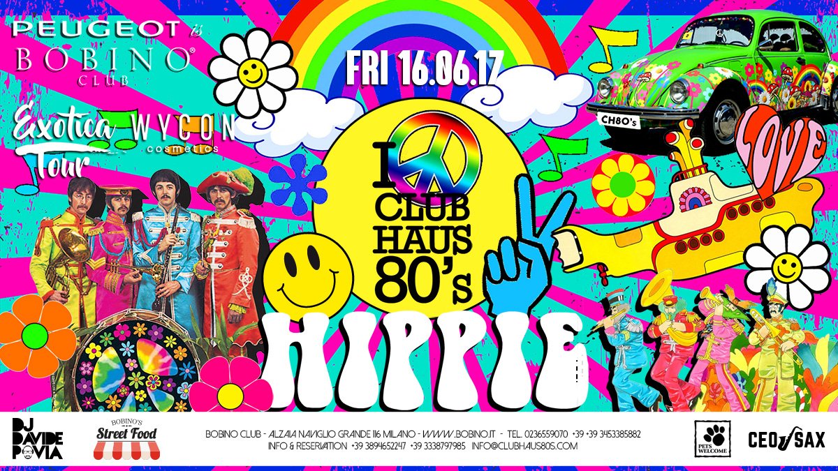 Divertimento, dall'aperitivo fino a notte tarda
Dalle 19 alle 22: aperitivo, con Dinner Buffet
Dalle 22: Hippie Club Haus 80's Party
#bobino